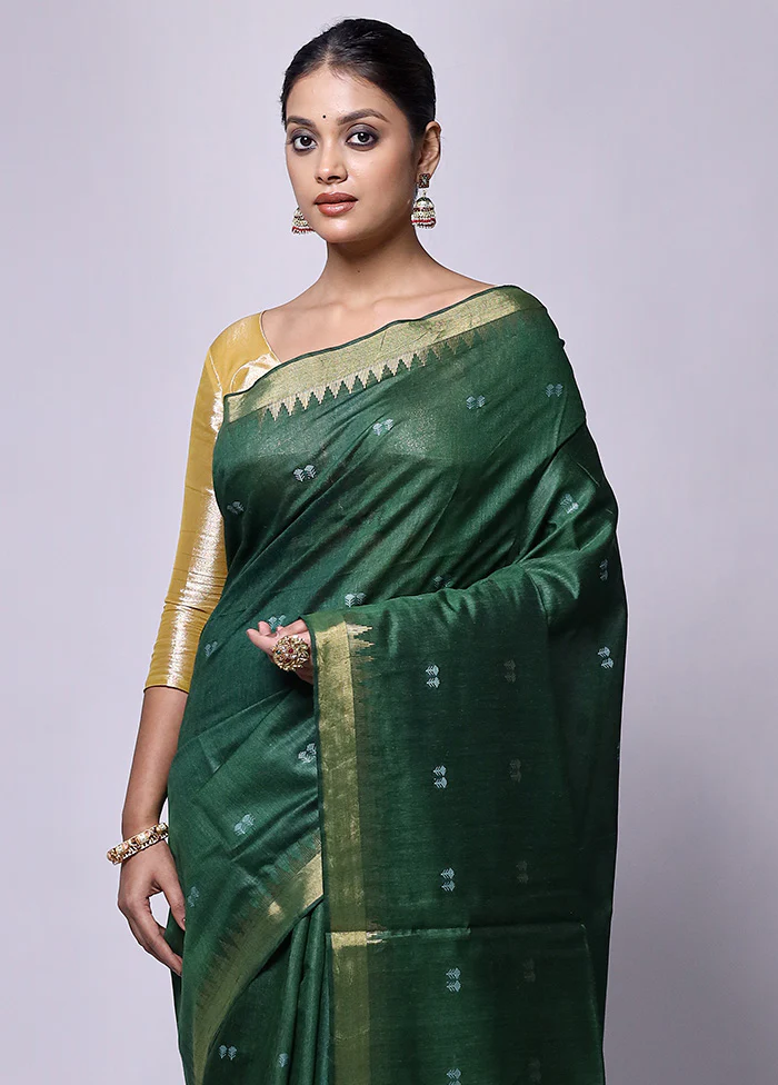 Green Tussar Silk Saree With Blouse Piece - Image 2