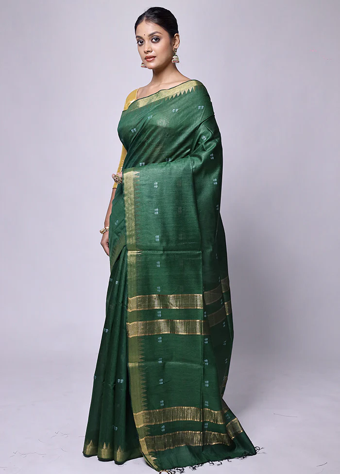 Green Tussar Silk Saree With Blouse Piece - Image 4