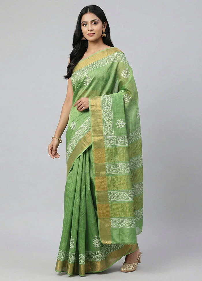 Green Tussar Silk Saree With Blouse Piece