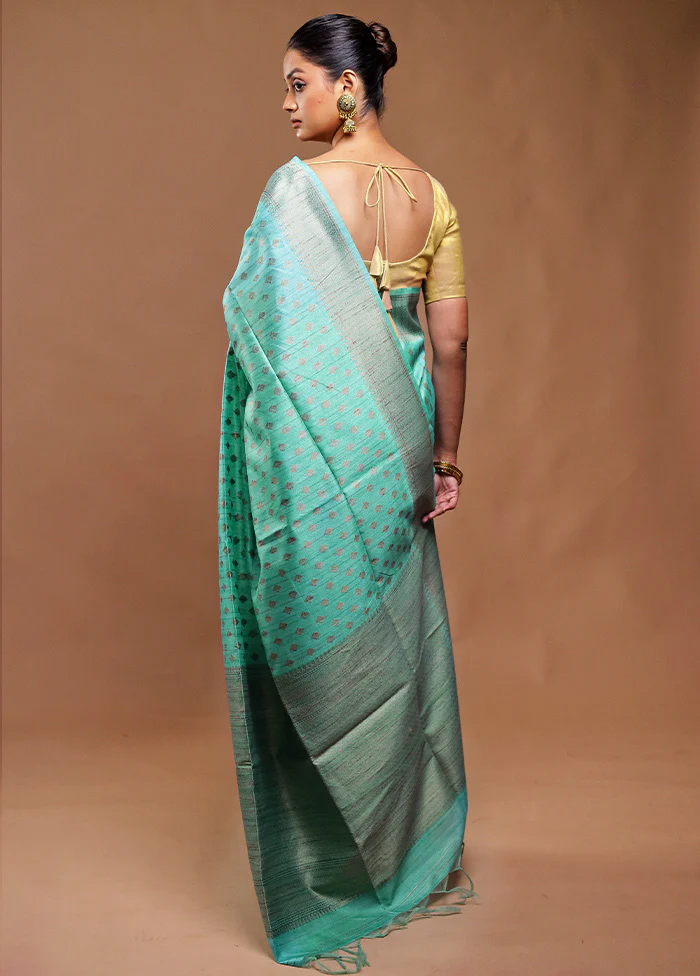 Green Tussar Silk Saree With Blouse Piece - Image 3