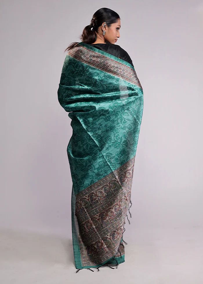 Green Tussar Silk Saree With Blouse Piece - Image 3