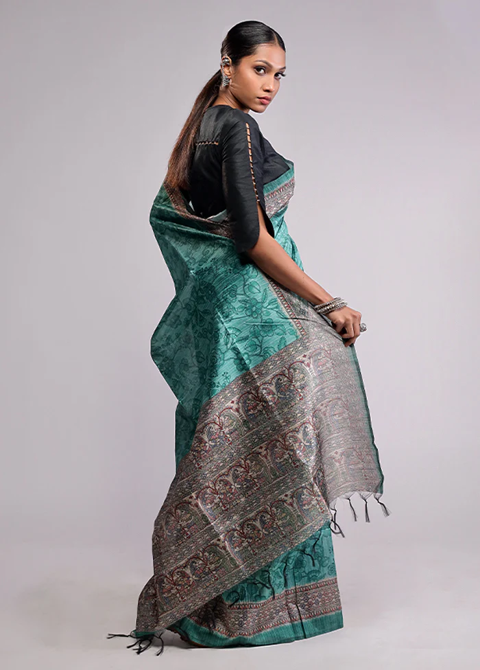 Green Tussar Silk Saree With Blouse Piece - Image 4