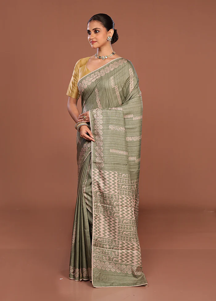 Green Tussar Silk Saree With Blouse Piece - Image 4