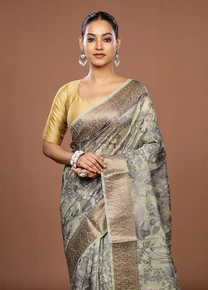 Green Tussar Silk Saree With Blouse Piece