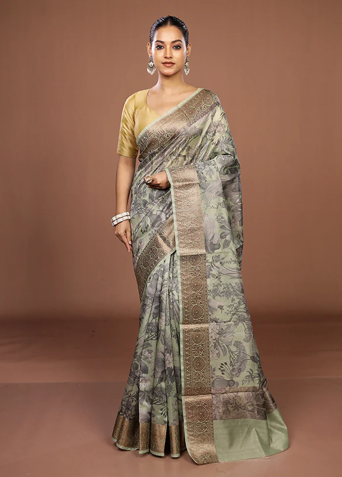 Green Tussar Silk Saree With Blouse Piece - Image 2