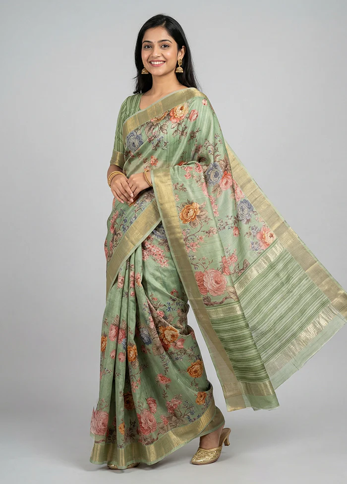 Green Tussar Silk Saree With Blouse Piece