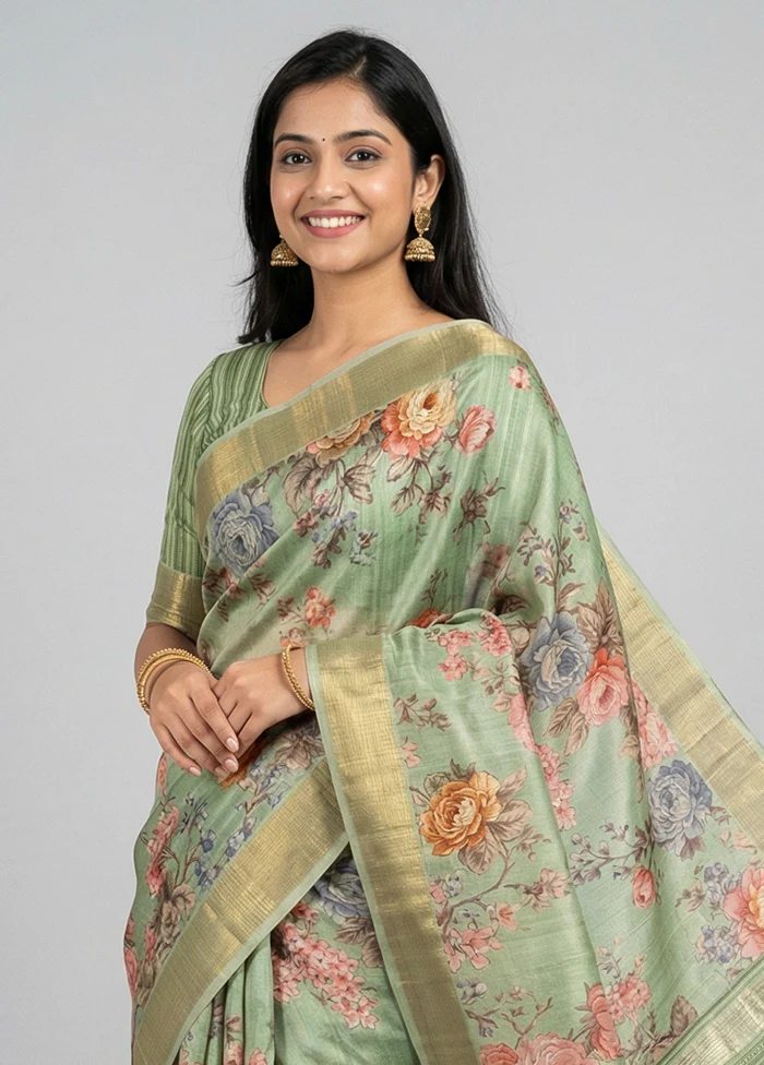 Green Tussar Silk Saree With Blouse Piece - Image 2