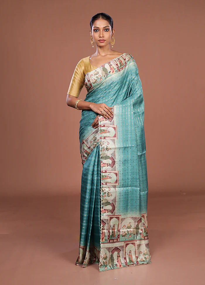 Green Tussar Silk Saree With Blouse Piece - Image 2