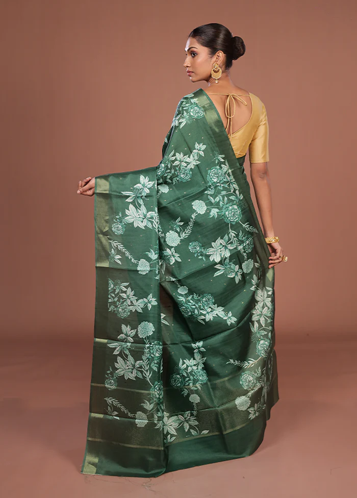 Green Tussar Silk Saree With Blouse Piece - Image 3