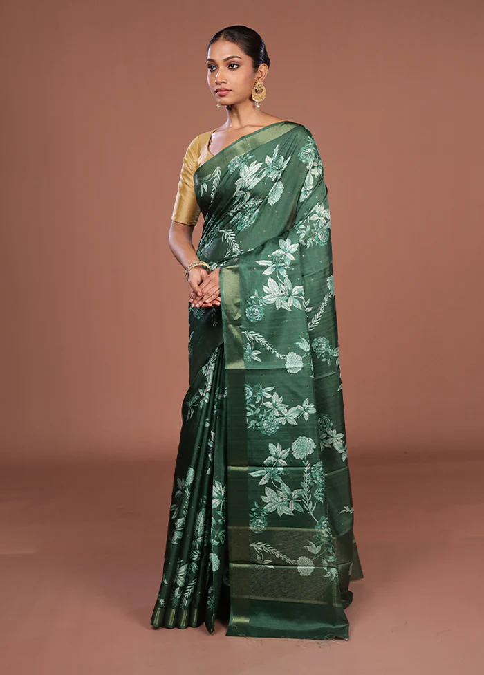 Green Tussar Silk Saree With Blouse Piece - Image 4