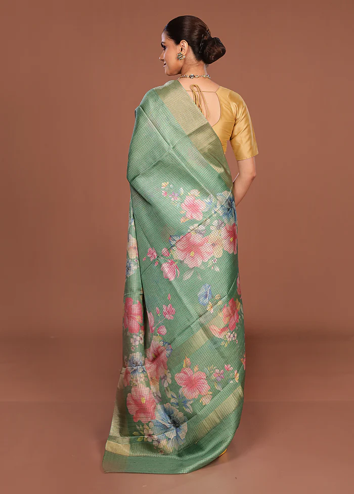 Green Tussar Silk Saree With Blouse Piece - Image 3