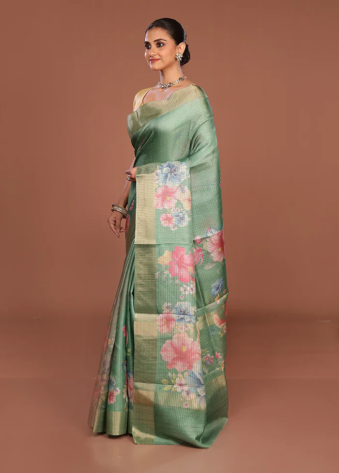Green Tussar Silk Saree With Blouse Piece - Image 4