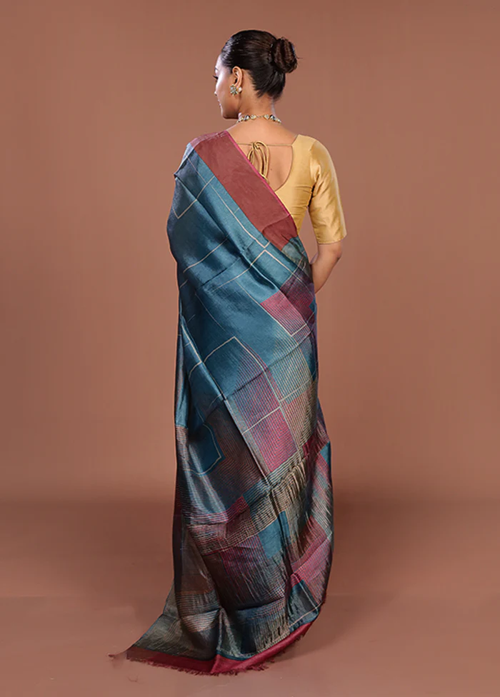 Blue Tussar Silk Saree With Blouse Piece - Image 3