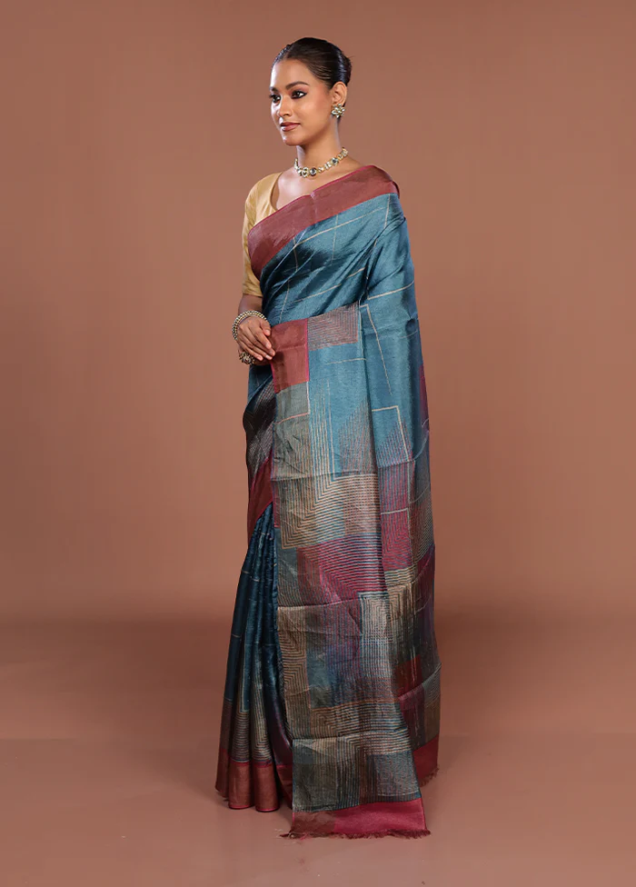 Blue Tussar Silk Saree With Blouse Piece - Image 4