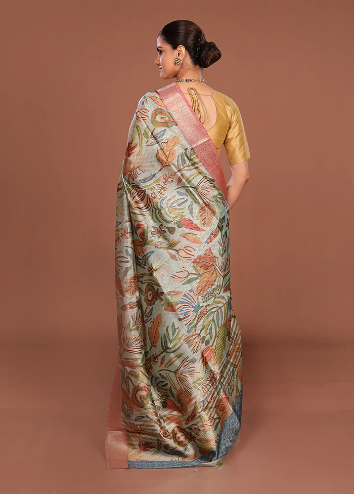 Green Tussar Silk Saree With Blouse Piece - Image 3