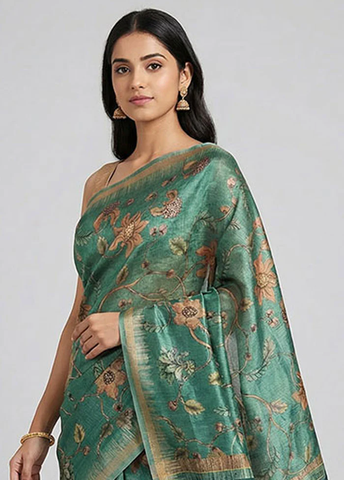 Green Tussar Silk Saree With Blouse Piece - Image 2