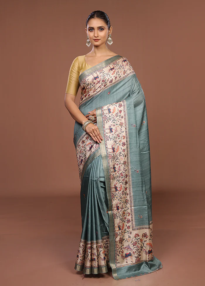 Green Tussar Silk Saree With Blouse Piece - Image 2