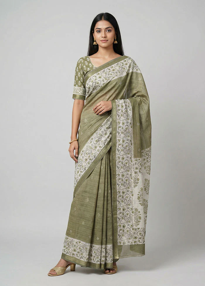 Green Tussar Silk Saree With Blouse Piece
