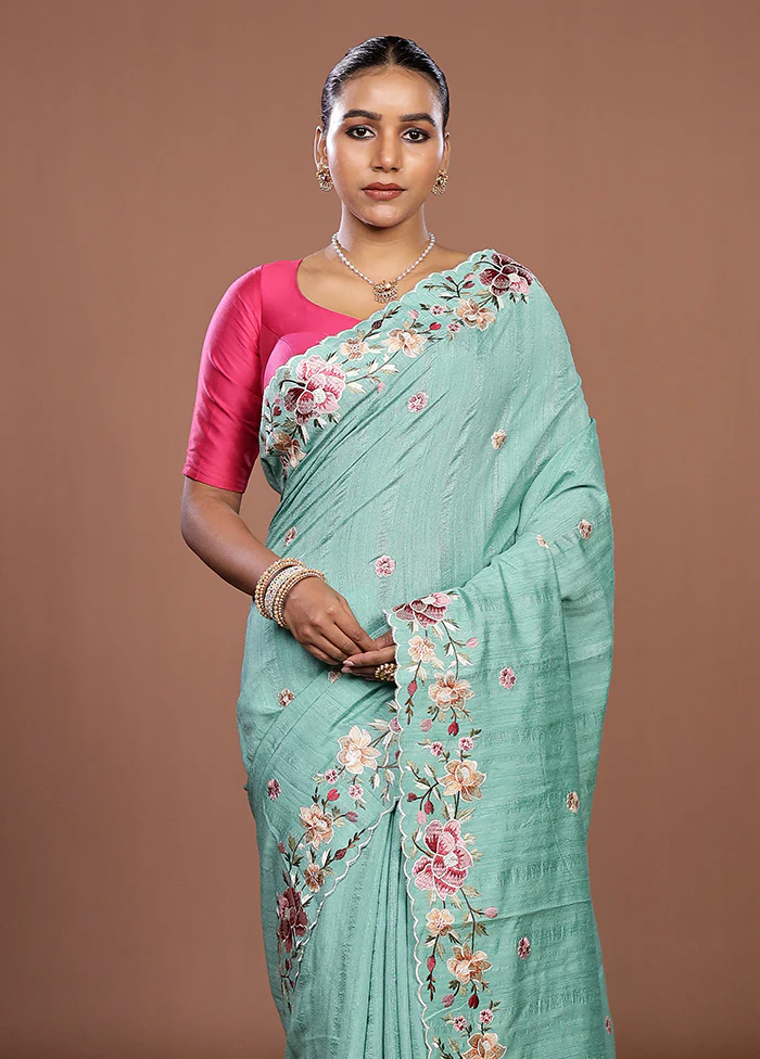 Green Tussar Silk Saree With Blouse Piece