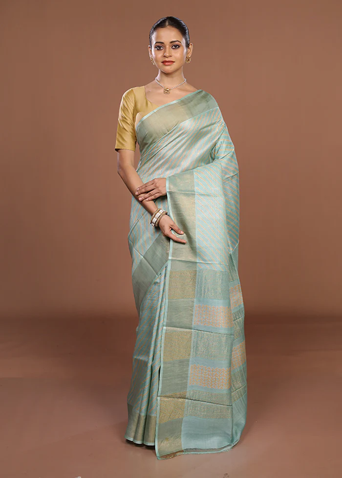 Blue Tussar Silk Saree With Blouse Piece - Image 2