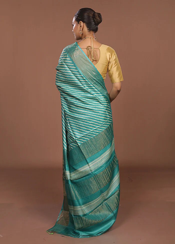 Green Tussar Silk Saree With Blouse Piece - Image 3