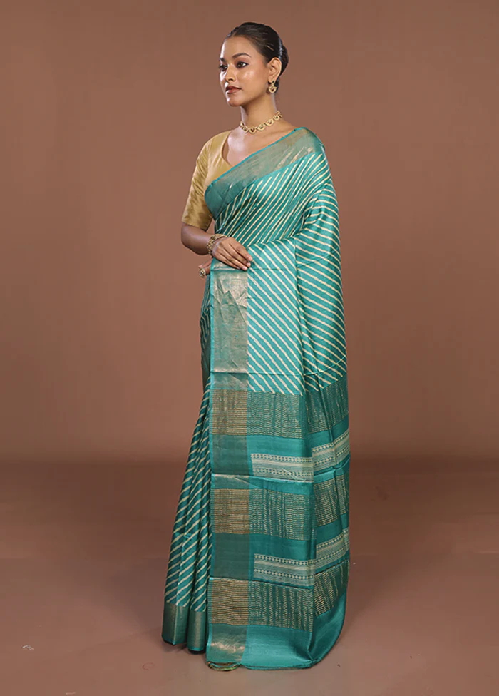 Green Tussar Silk Saree With Blouse Piece - Image 4