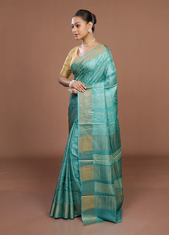 Green Tussar Silk Saree With Blouse Piece - Image 4