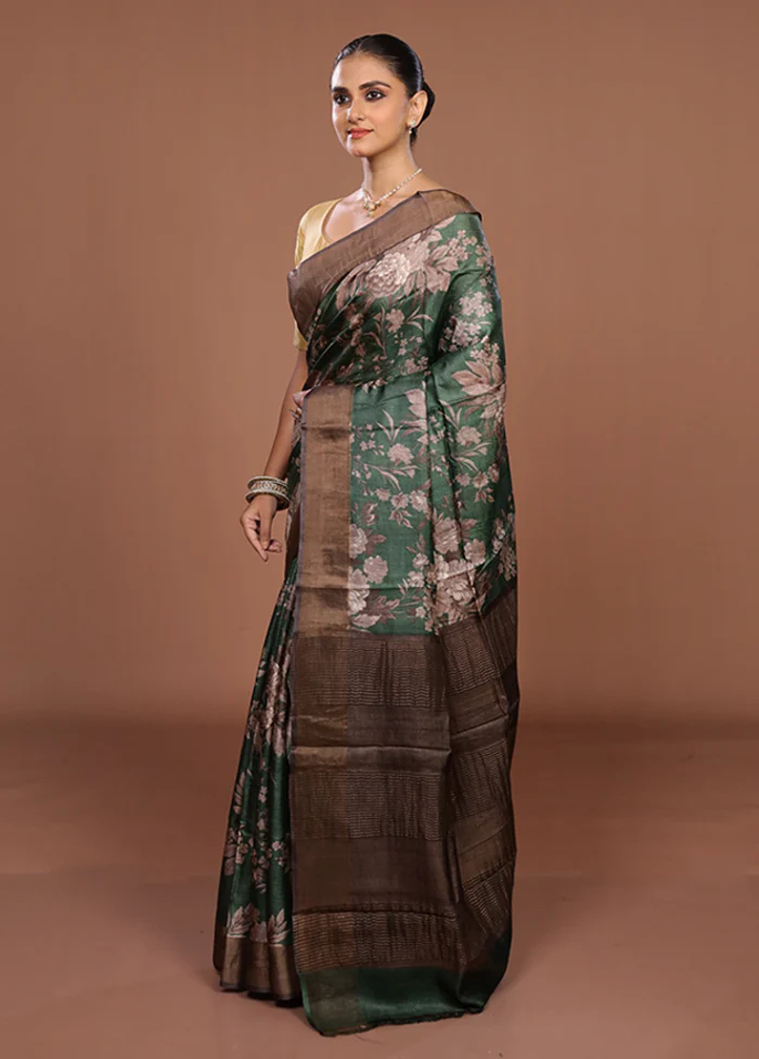 Green Tussar Silk Saree With Blouse Piece - Image 4