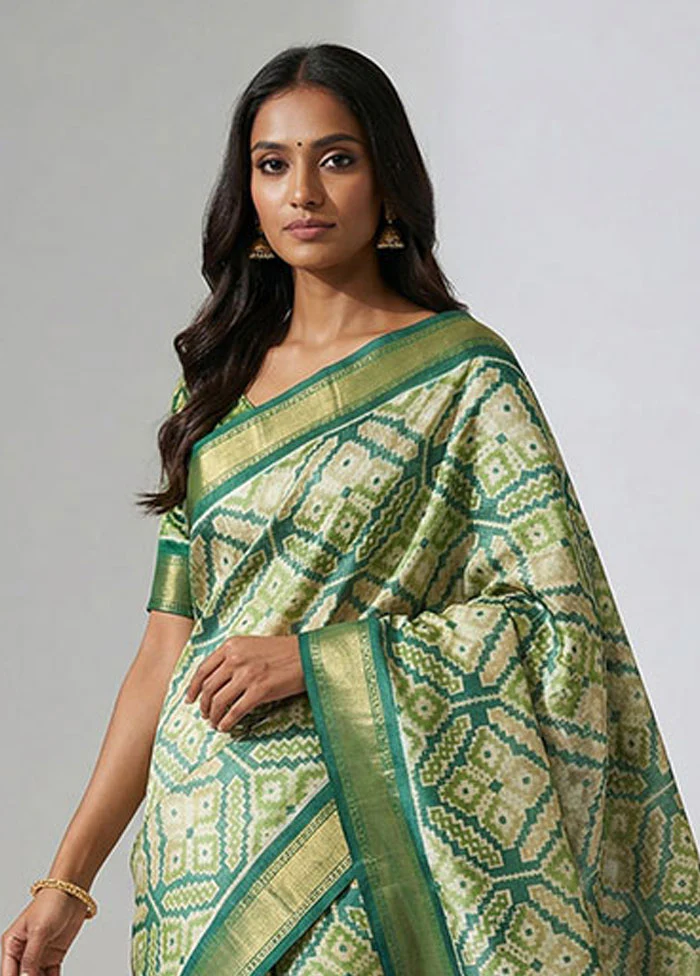 Green Tussar Silk Saree With Blouse Piece - Image 2