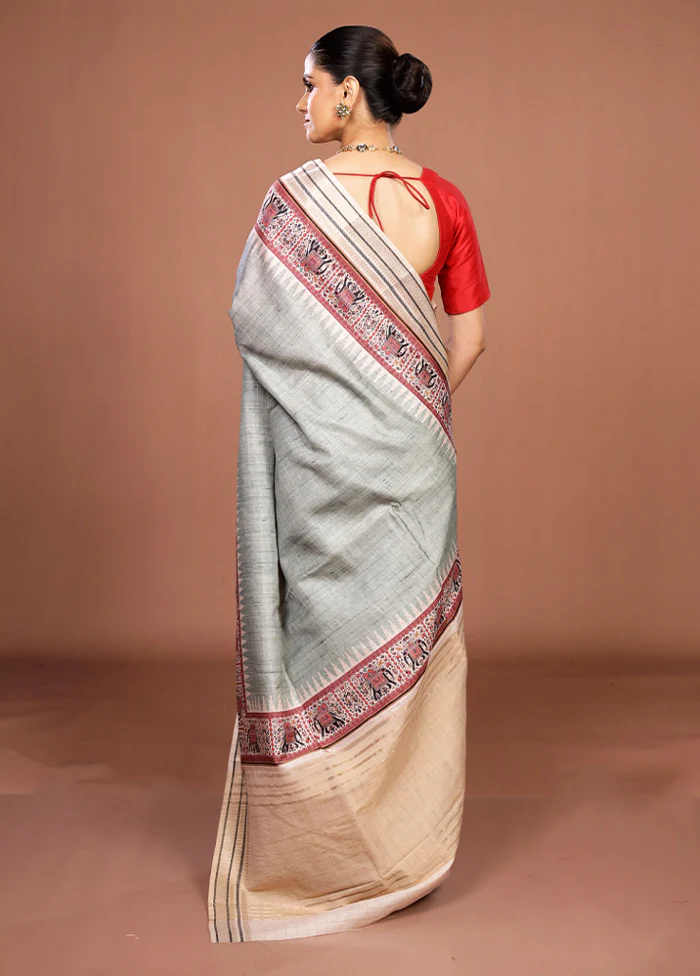 Green Tussar Silk Saree With Blouse Piece - Image 3