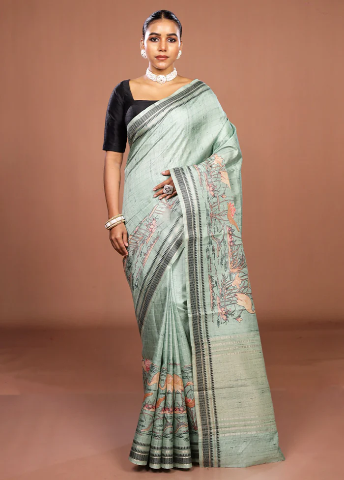 Green Tussar Silk Saree With Blouse Piece - Image 2