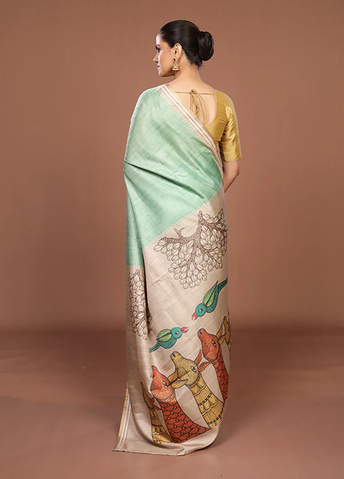 Green Tussar Silk Saree With Blouse Piece - Image 3