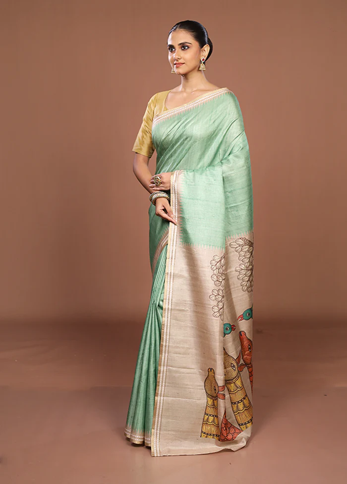 Green Tussar Silk Saree With Blouse Piece - Image 4