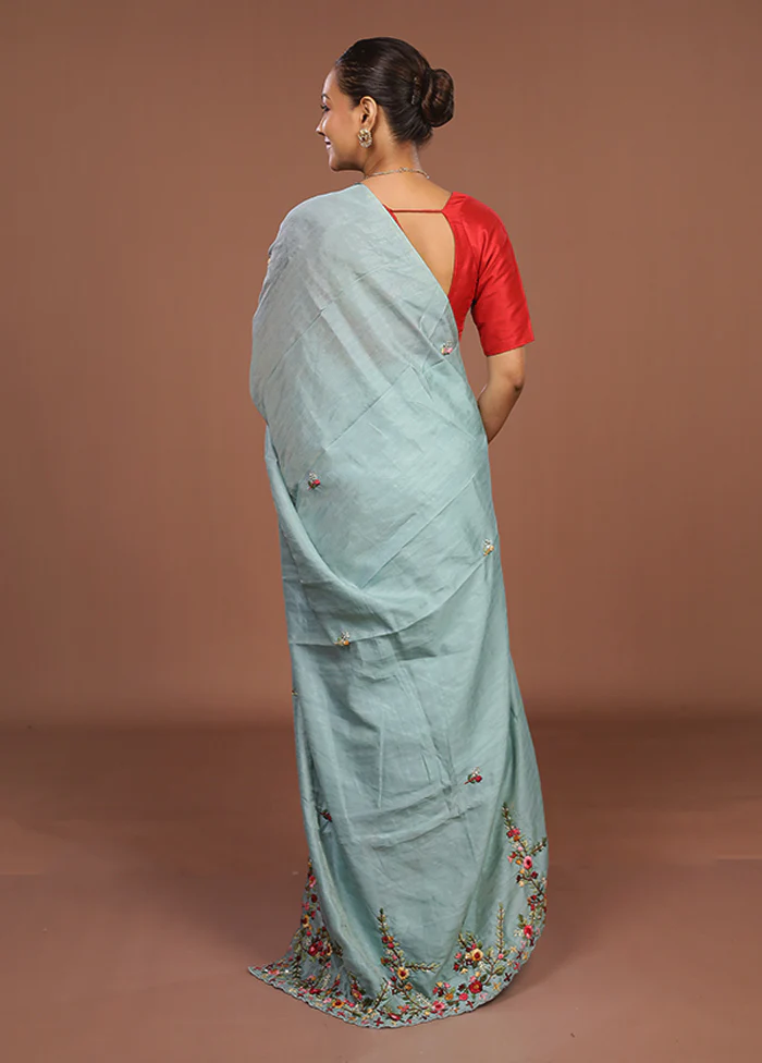 Green Tussar Silk Saree With Blouse Piece - Image 3