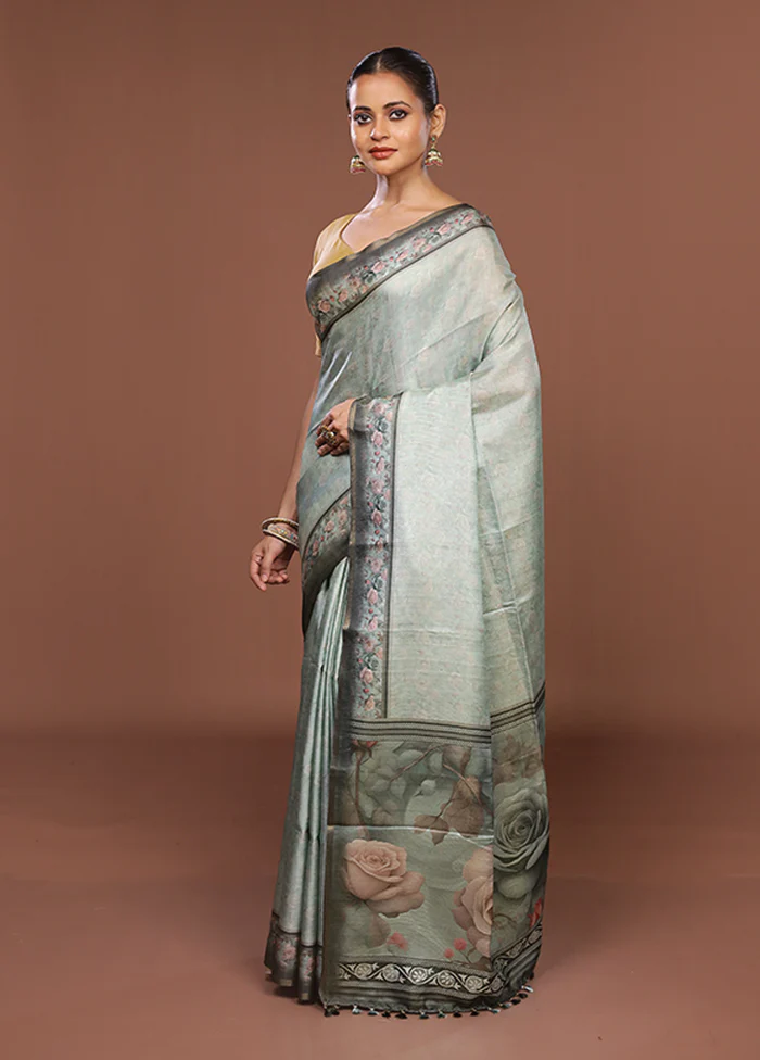 Green Tussar Silk Saree With Blouse Piece - Image 4