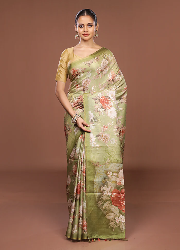 Green Tussar Silk Saree With Blouse Piece - Image 2