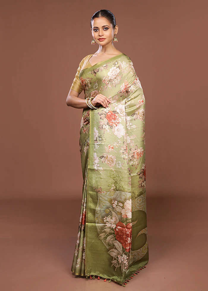 Green Tussar Silk Saree With Blouse Piece - Image 4