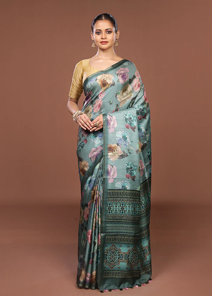 Green Tussar Silk Saree With Blouse Piece - Image 2