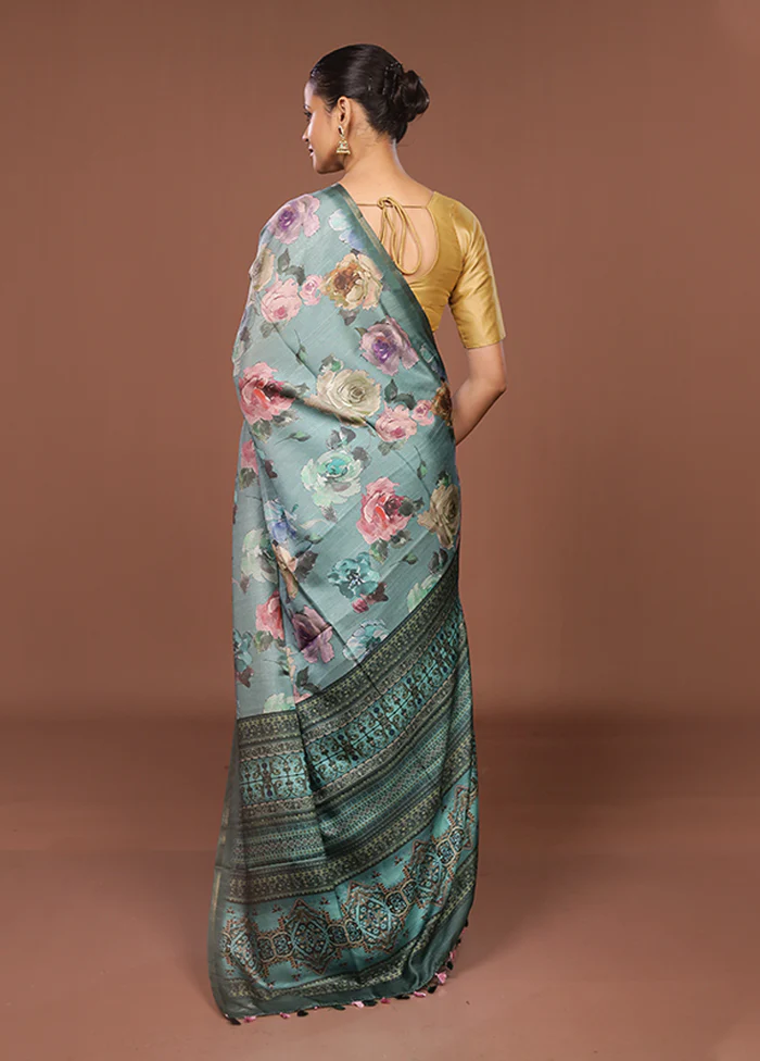 Green Tussar Silk Saree With Blouse Piece - Image 3
