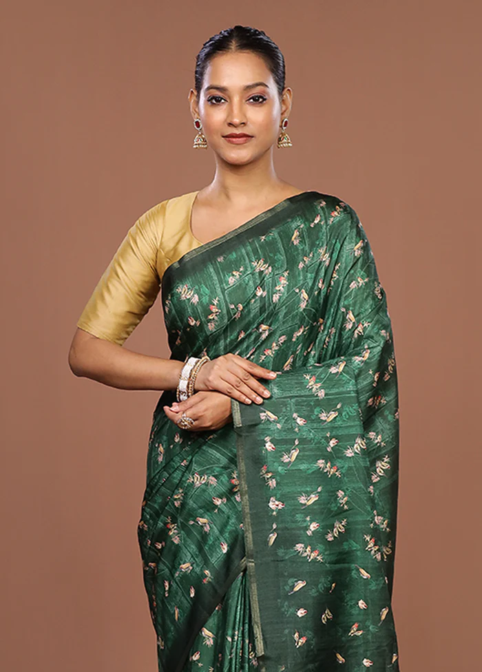 Green Tussar Silk Saree With Blouse Piece