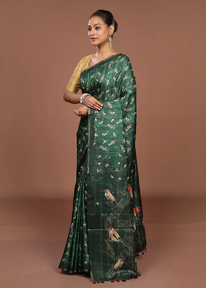 Green Tussar Silk Saree With Blouse Piece - Image 4