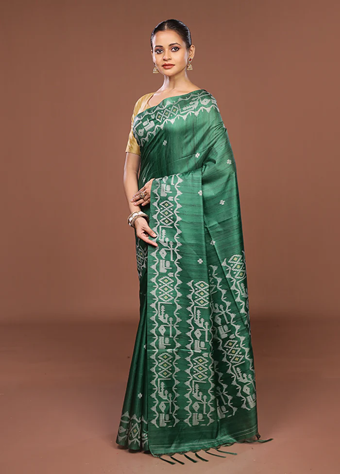 Green Tussar Silk Saree With Blouse Piece - Image 4