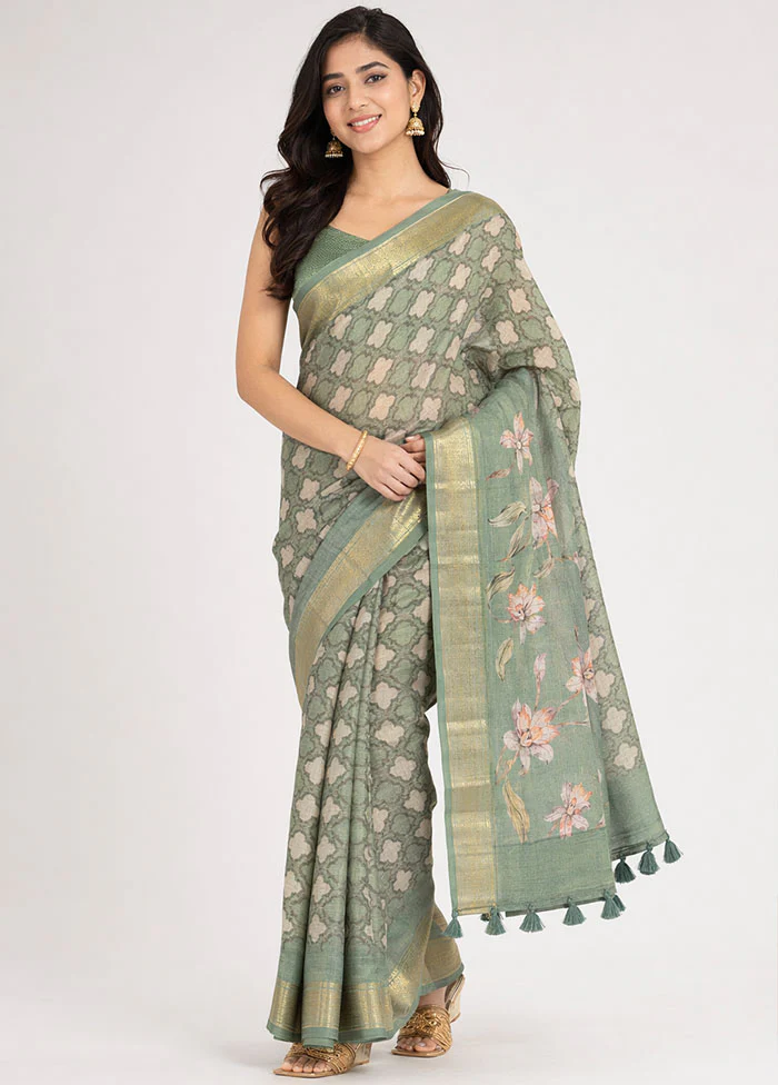 Green Tussar Silk Saree With Blouse Piece