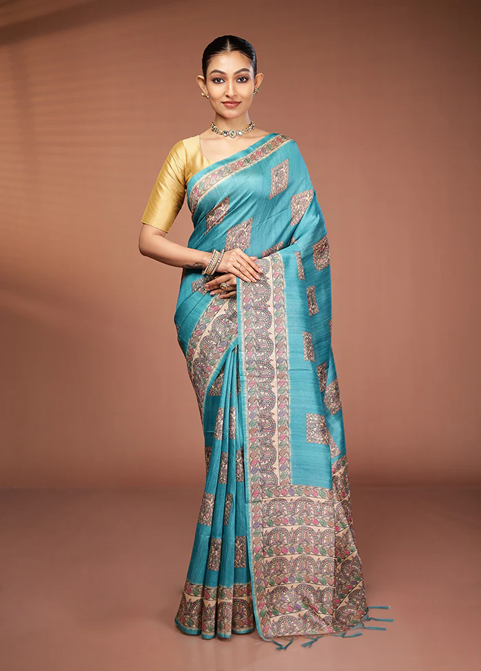 Green Tussar Silk Saree With Blouse Piece - Image 2
