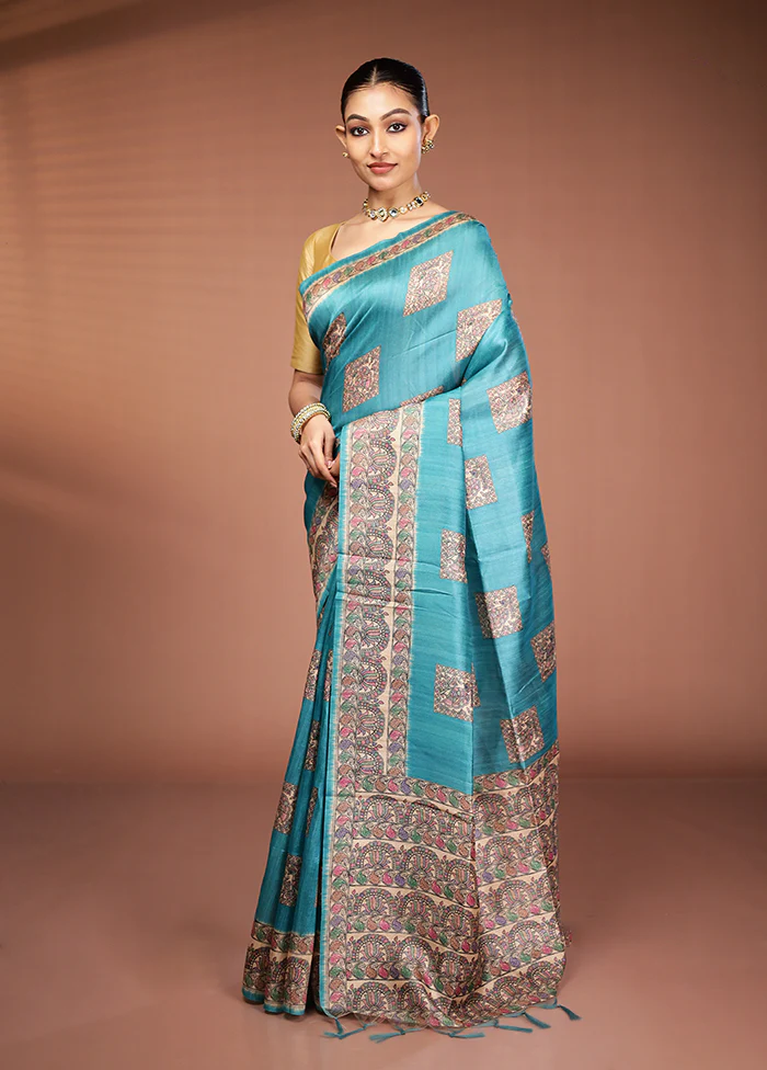 Green Tussar Silk Saree With Blouse Piece - Image 4