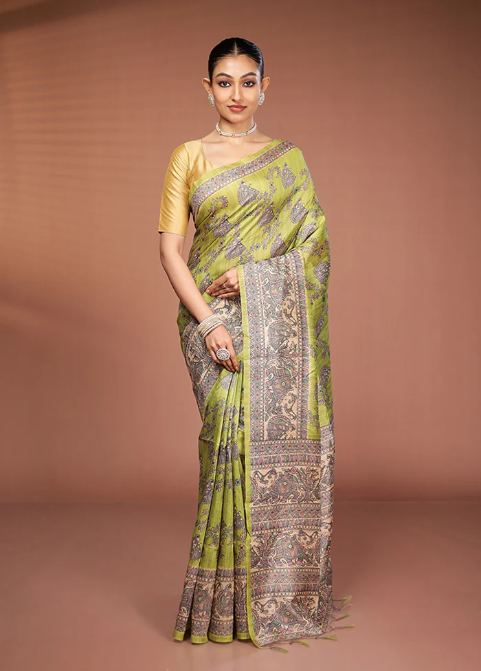 Green Tussar Silk Saree With Blouse Piece - Image 2
