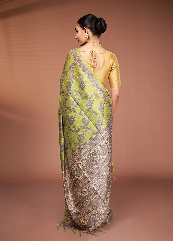 Green Tussar Silk Saree With Blouse Piece - Image 3