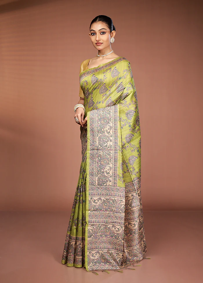 Green Tussar Silk Saree With Blouse Piece - Image 4