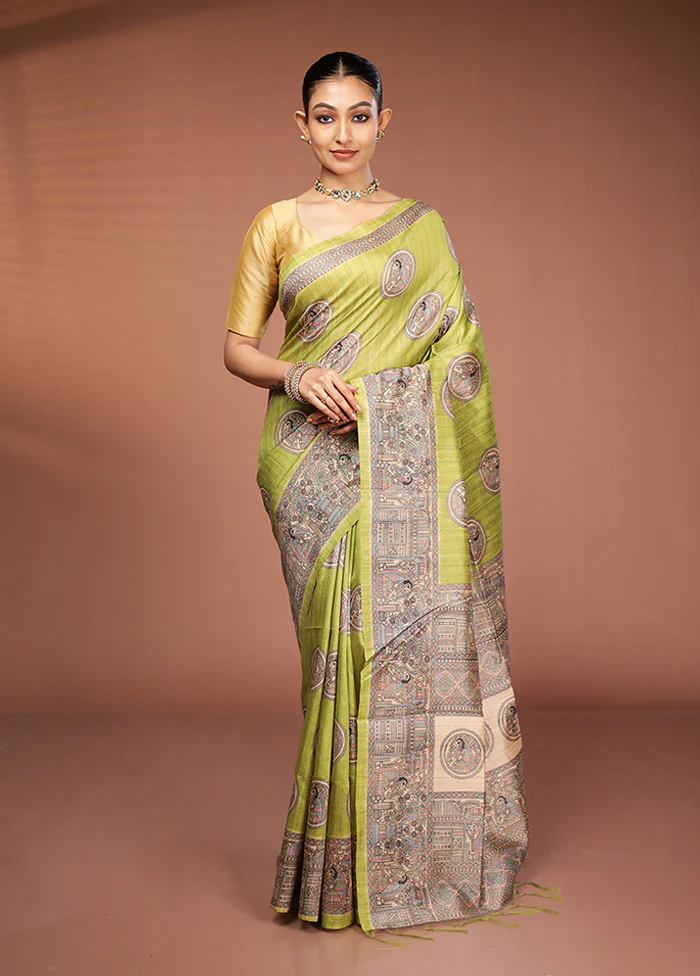 Green Tussar Silk Saree With Blouse Piece - Image 2