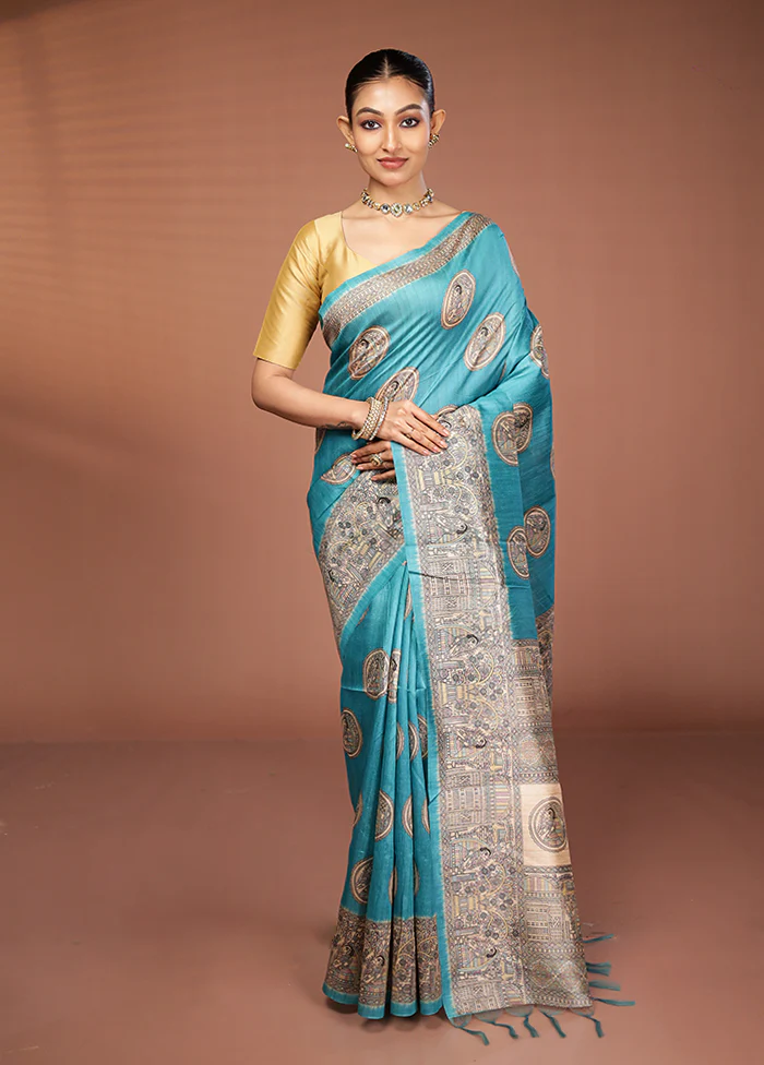 Green Tussar Silk Saree With Blouse Piece - Image 2